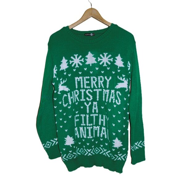 BOOHOO Merry Christmas Ya Filthy Animal Knit Pullover Sweater in Green (Large) - Picture 6 of 6